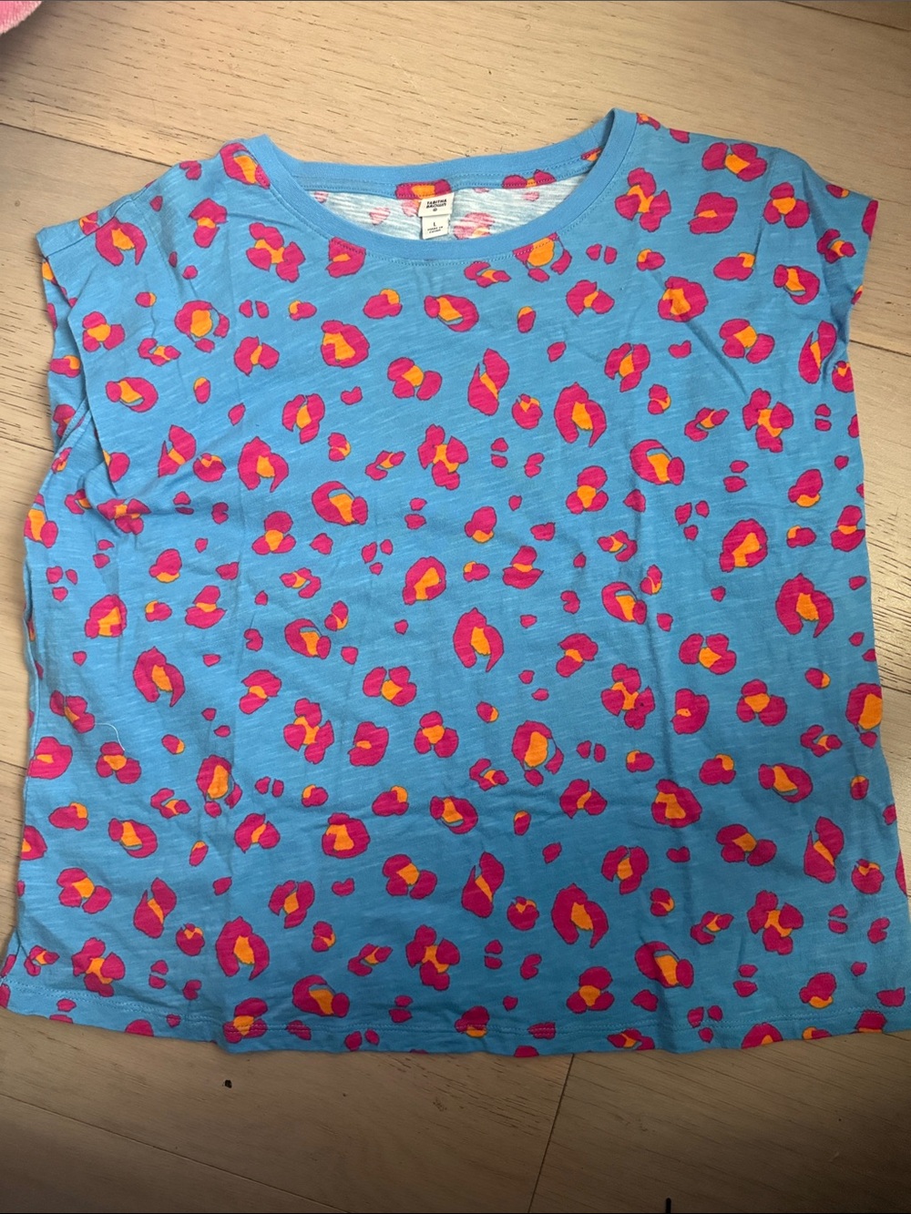 Tabitha Brown size Large  Blue Short Sleeve Tee with Pink & Orange Spot Print
